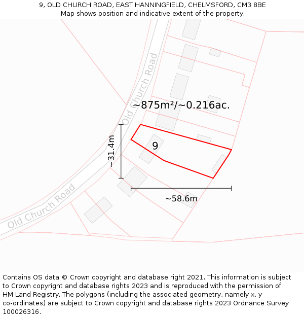 9, OLD CHURCH ROAD, EAST HANNINGFIELD, CHELMSFORD, CM3 8BE: Plot and title map