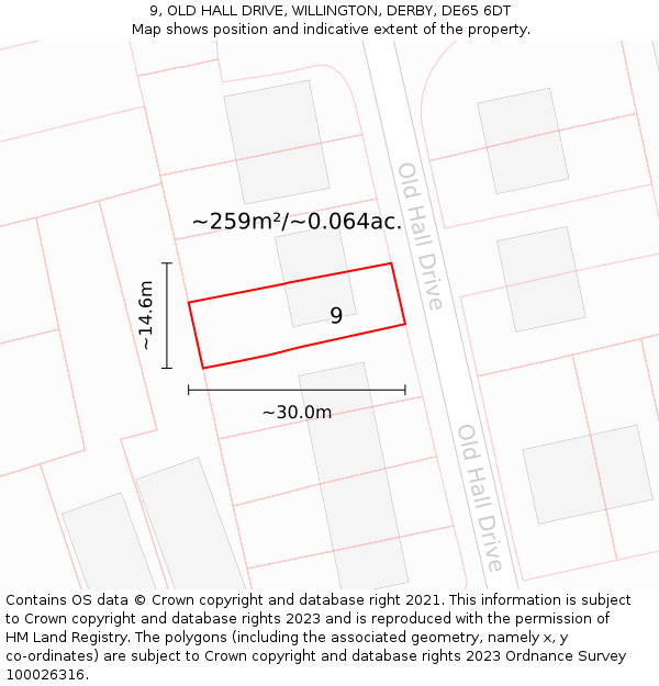 9, OLD HALL DRIVE, WILLINGTON, DERBY, DE65 6DT: Plot and title map