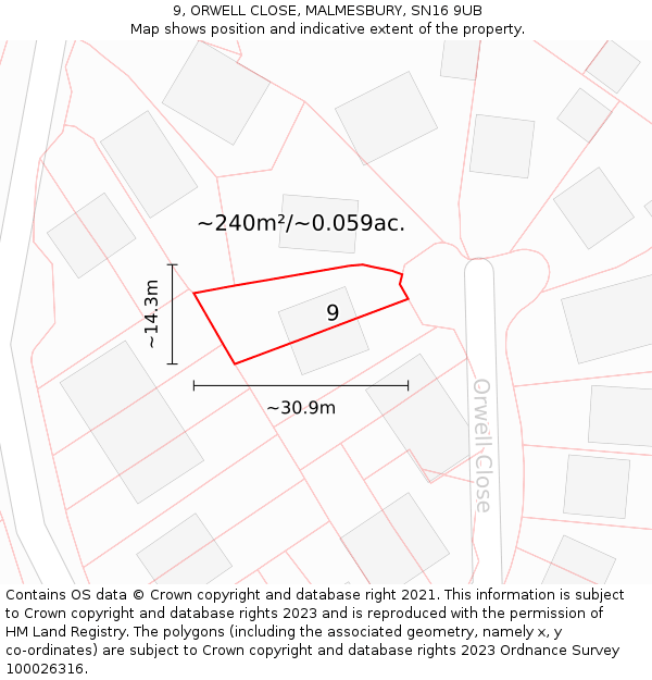 9, ORWELL CLOSE, MALMESBURY, SN16 9UB: Plot and title map