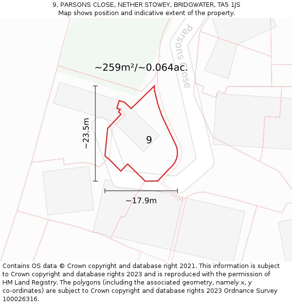 9, PARSONS CLOSE, NETHER STOWEY, BRIDGWATER, TA5 1JS: Plot and title map