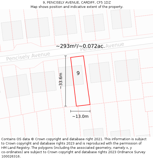 9, PENCISELY AVENUE, CARDIFF, CF5 1DZ: Plot and title map