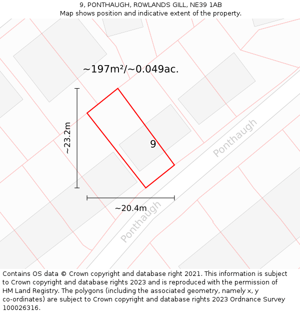 9, PONTHAUGH, ROWLANDS GILL, NE39 1AB: Plot and title map