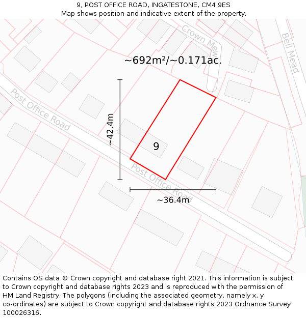 9, POST OFFICE ROAD, INGATESTONE, CM4 9ES: Plot and title map