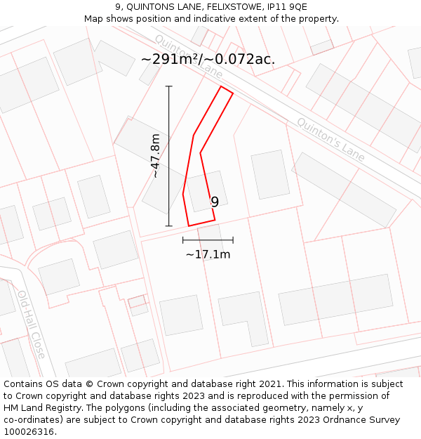 9, QUINTONS LANE, FELIXSTOWE, IP11 9QE: Plot and title map