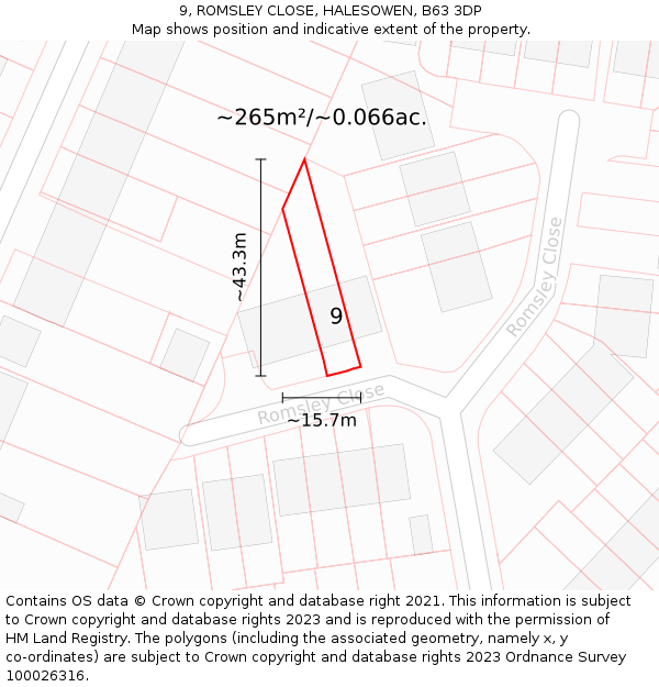 9, ROMSLEY CLOSE, HALESOWEN, B63 3DP: Plot and title map