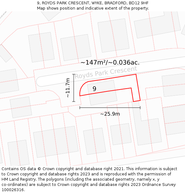 9, ROYDS PARK CRESCENT, WYKE, BRADFORD, BD12 9HF: Plot and title map