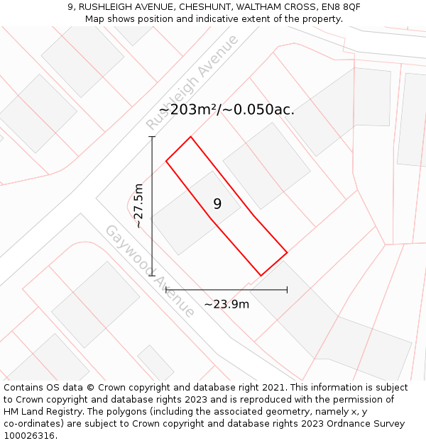 9, RUSHLEIGH AVENUE, CHESHUNT, WALTHAM CROSS, EN8 8QF: Plot and title map