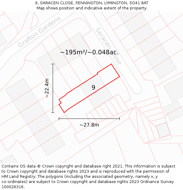 9, SARACEN CLOSE, PENNINGTON, LYMINGTON, SO41 8AT: Plot and title map