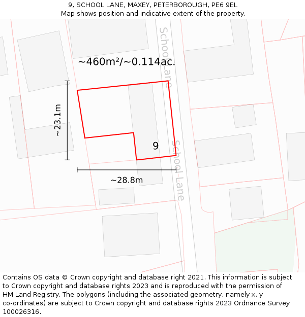 9, SCHOOL LANE, MAXEY, PETERBOROUGH, PE6 9EL: Plot and title map