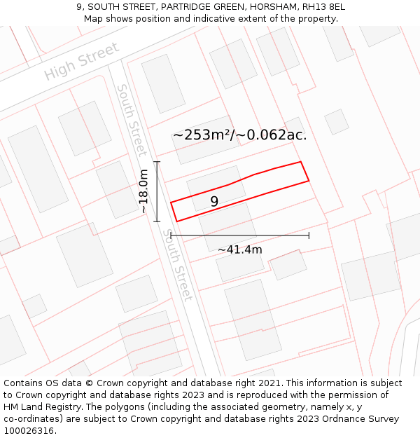 9, SOUTH STREET, PARTRIDGE GREEN, HORSHAM, RH13 8EL: Plot and title map