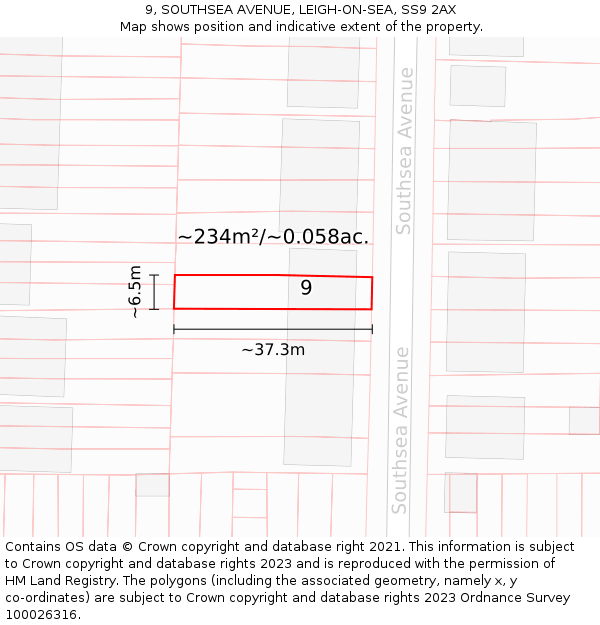 9, SOUTHSEA AVENUE, LEIGH-ON-SEA, SS9 2AX: Plot and title map