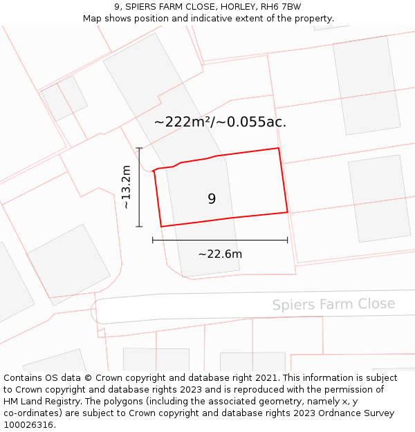 9, SPIERS FARM CLOSE, HORLEY, RH6 7BW: Plot and title map