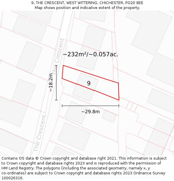 9, THE CRESCENT, WEST WITTERING, CHICHESTER, PO20 8EE: Plot and title map