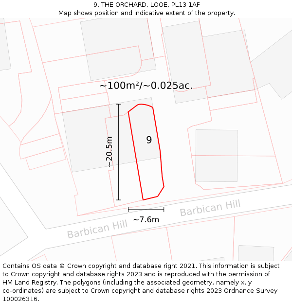 9, THE ORCHARD, LOOE, PL13 1AF: Plot and title map