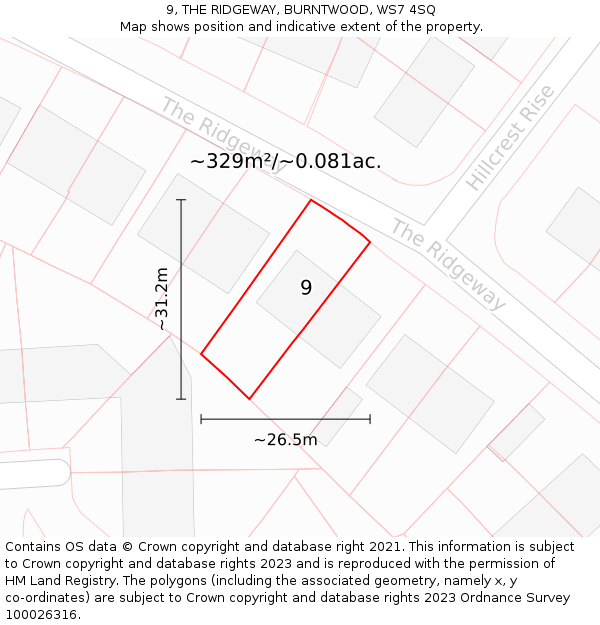 9, THE RIDGEWAY, BURNTWOOD, WS7 4SQ: Plot and title map