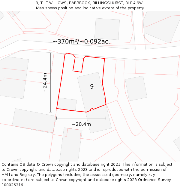 9, THE WILLOWS, PARBROOK, BILLINGSHURST, RH14 9WL: Plot and title map