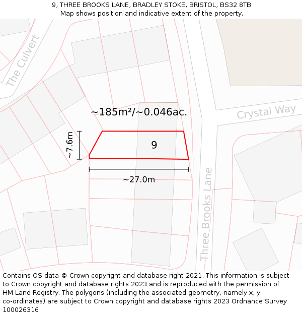 9, THREE BROOKS LANE, BRADLEY STOKE, BRISTOL, BS32 8TB: Plot and title map