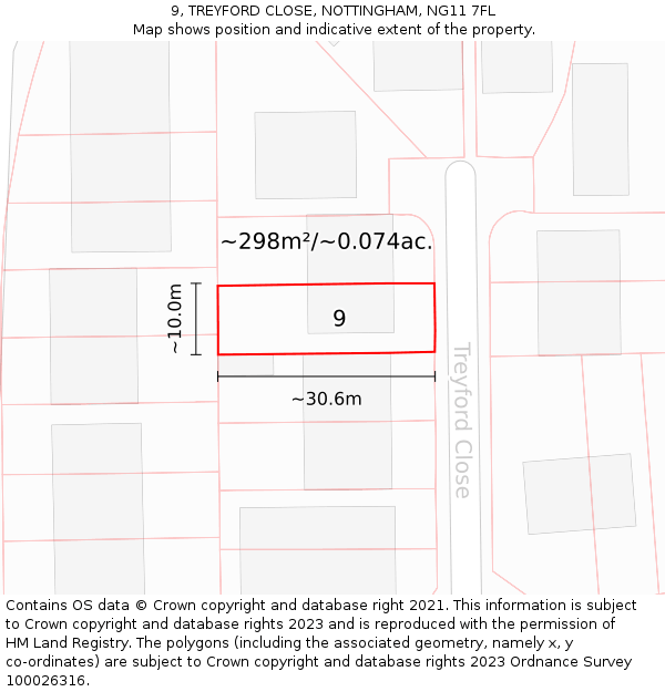 9, TREYFORD CLOSE, NOTTINGHAM, NG11 7FL: Plot and title map