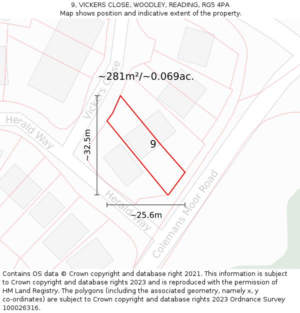 9, VICKERS CLOSE, WOODLEY, READING, RG5 4PA: Plot and title map