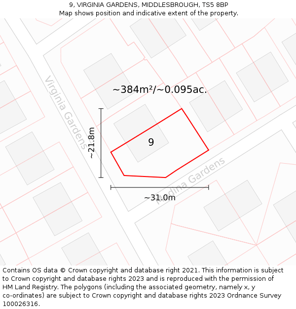 9, VIRGINIA GARDENS, MIDDLESBROUGH, TS5 8BP: Plot and title map