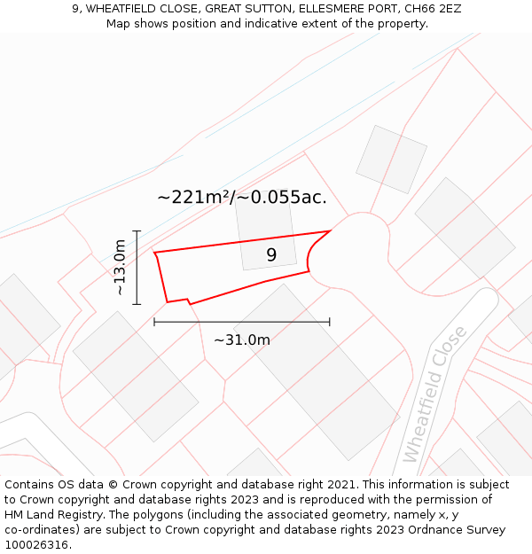 9, WHEATFIELD CLOSE, GREAT SUTTON, ELLESMERE PORT, CH66 2EZ: Plot and title map