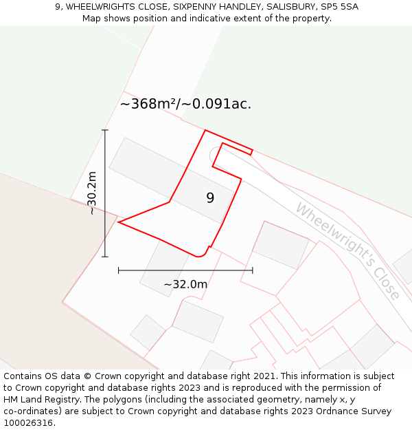 9, WHEELWRIGHTS CLOSE, SIXPENNY HANDLEY, SALISBURY, SP5 5SA: Plot and title map