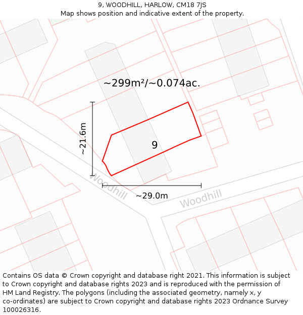 9, WOODHILL, HARLOW, CM18 7JS: Plot and title map