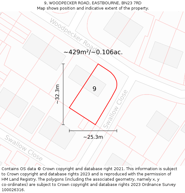 9, WOODPECKER ROAD, EASTBOURNE, BN23 7RD: Plot and title map