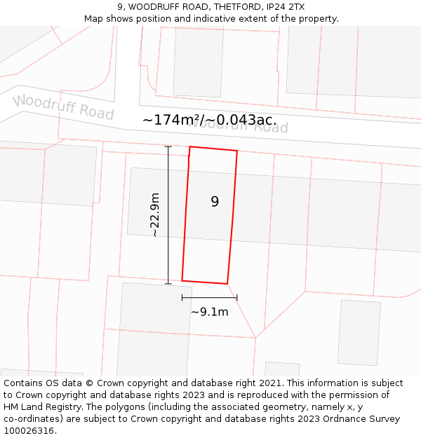 9, WOODRUFF ROAD, THETFORD, IP24 2TX: Plot and title map