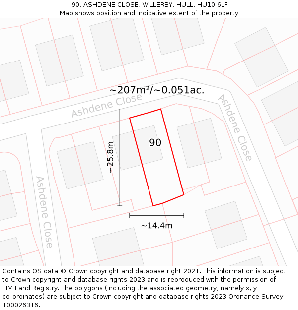 90, ASHDENE CLOSE, WILLERBY, HULL, HU10 6LF: Plot and title map