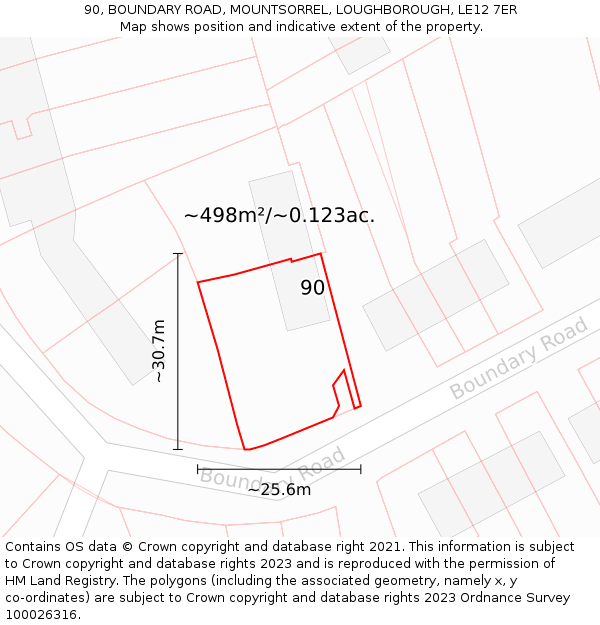 90, BOUNDARY ROAD, MOUNTSORREL, LOUGHBOROUGH, LE12 7ER: Plot and title map