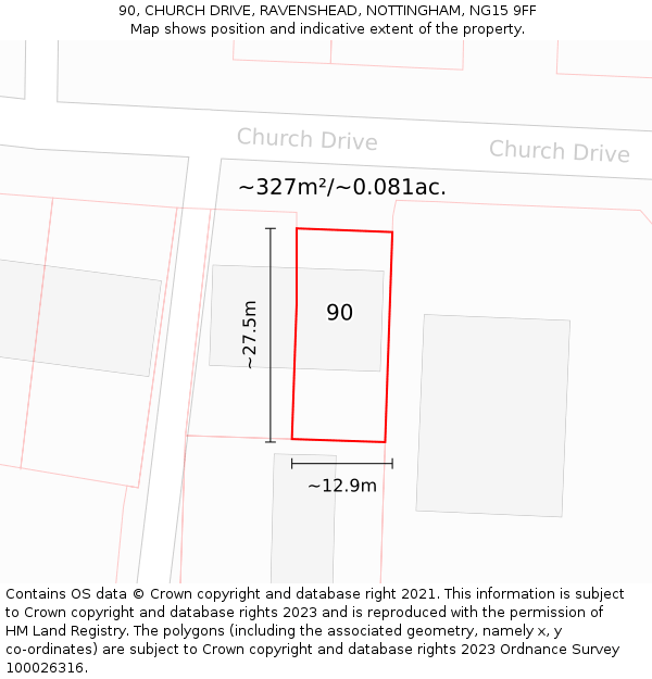 90, CHURCH DRIVE, RAVENSHEAD, NOTTINGHAM, NG15 9FF: Plot and title map