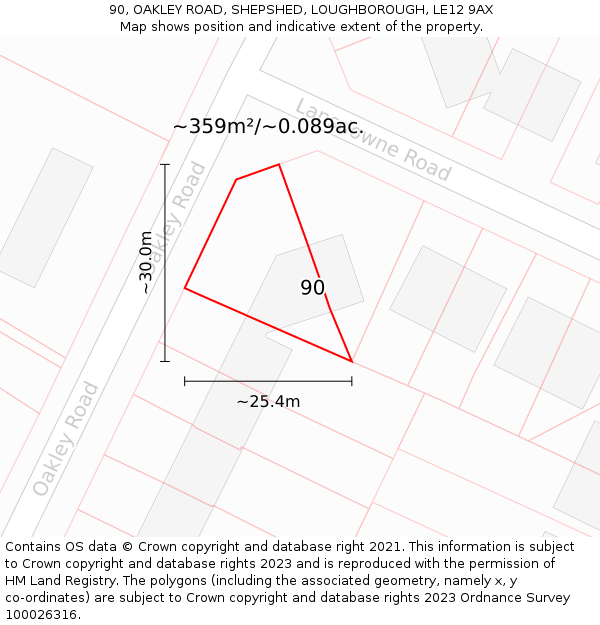 90, OAKLEY ROAD, SHEPSHED, LOUGHBOROUGH, LE12 9AX: Plot and title map