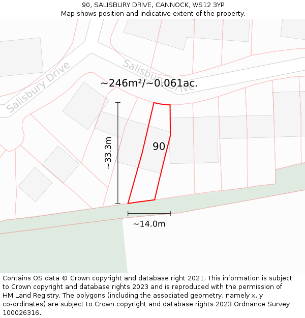 90, SALISBURY DRIVE, CANNOCK, WS12 3YP: Plot and title map