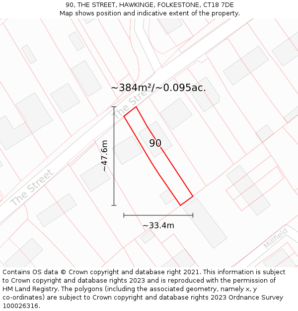 90, THE STREET, HAWKINGE, FOLKESTONE, CT18 7DE: Plot and title map