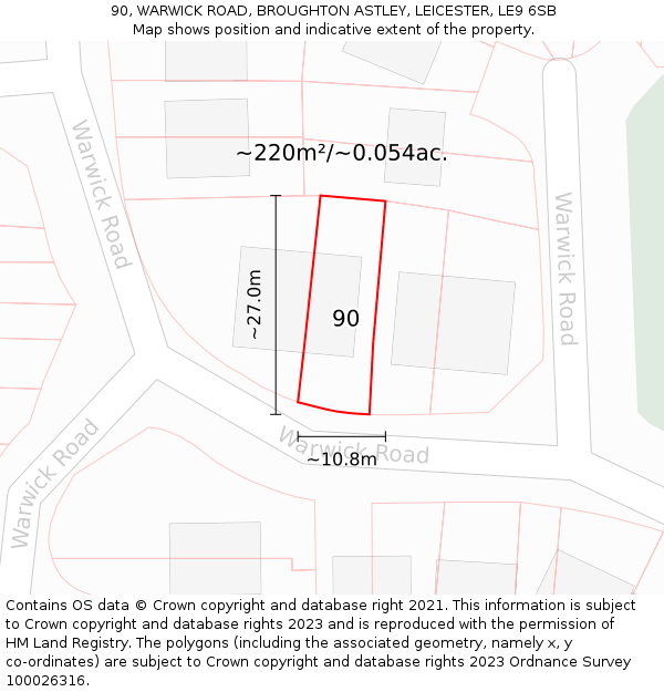 90, WARWICK ROAD, BROUGHTON ASTLEY, LEICESTER, LE9 6SB: Plot and title map