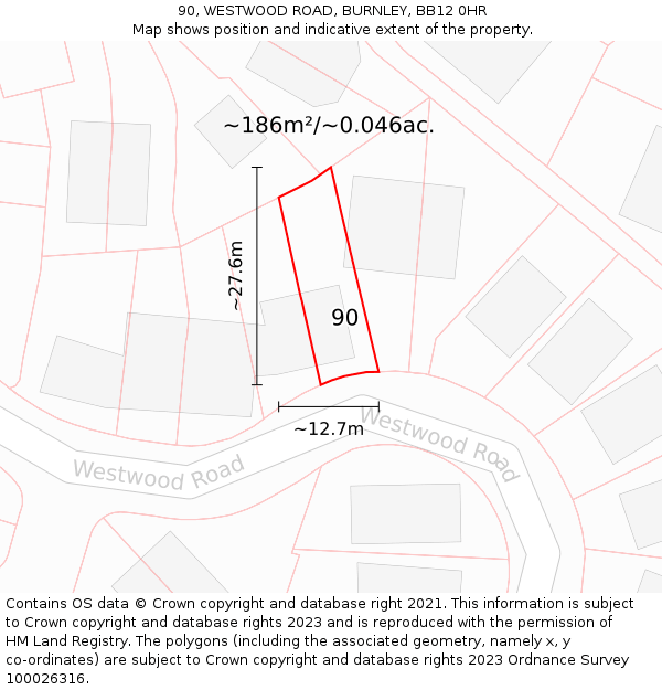 90, WESTWOOD ROAD, BURNLEY, BB12 0HR: Plot and title map