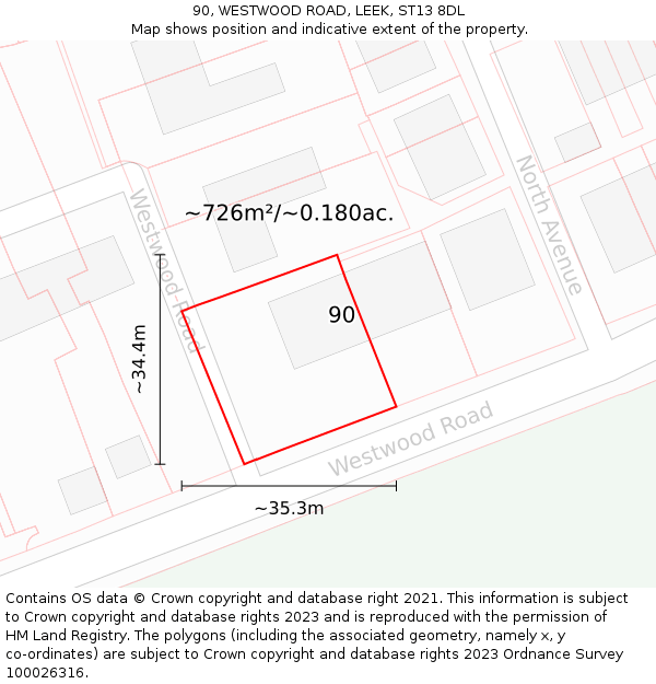 90, WESTWOOD ROAD, LEEK, ST13 8DL: Plot and title map