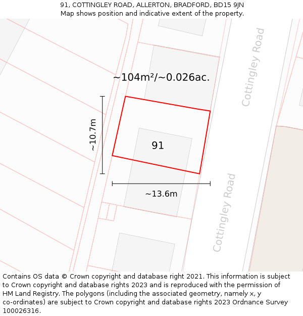 91, COTTINGLEY ROAD, ALLERTON, BRADFORD, BD15 9JN: Plot and title map