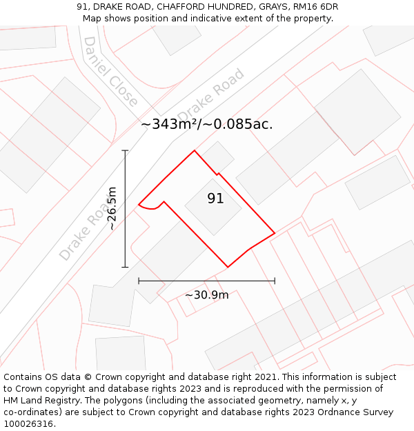 91, DRAKE ROAD, CHAFFORD HUNDRED, GRAYS, RM16 6DR: Plot and title map