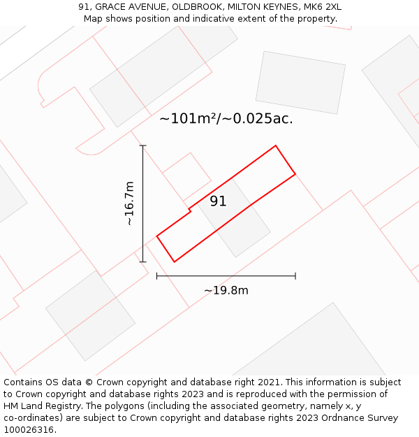 91, GRACE AVENUE, OLDBROOK, MILTON KEYNES, MK6 2XL: Plot and title map