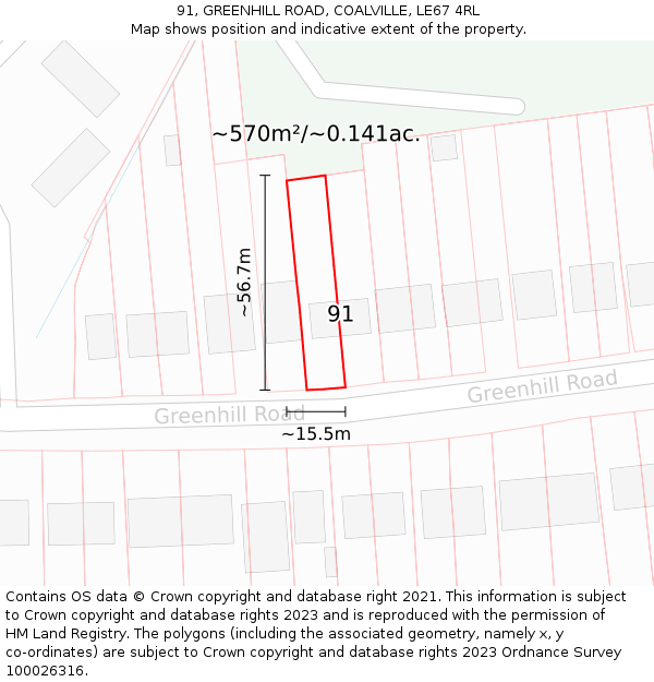 91, GREENHILL ROAD, COALVILLE, LE67 4RL: Plot and title map