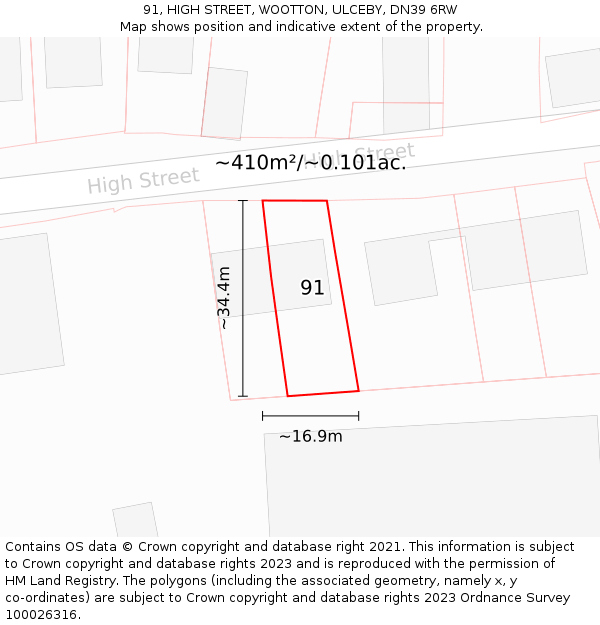 91, HIGH STREET, WOOTTON, ULCEBY, DN39 6RW: Plot and title map