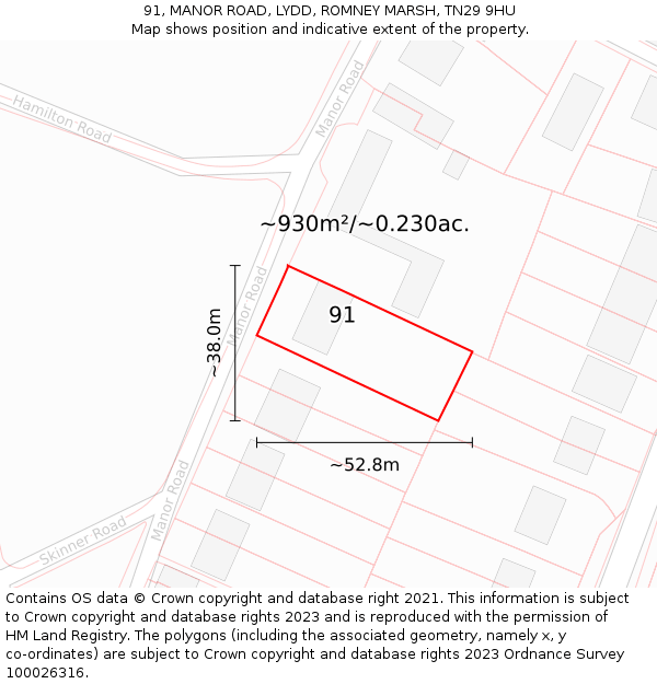 91, MANOR ROAD, LYDD, ROMNEY MARSH, TN29 9HU: Plot and title map