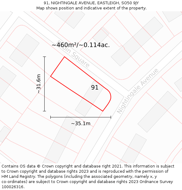 91, NIGHTINGALE AVENUE, EASTLEIGH, SO50 9JY: Plot and title map