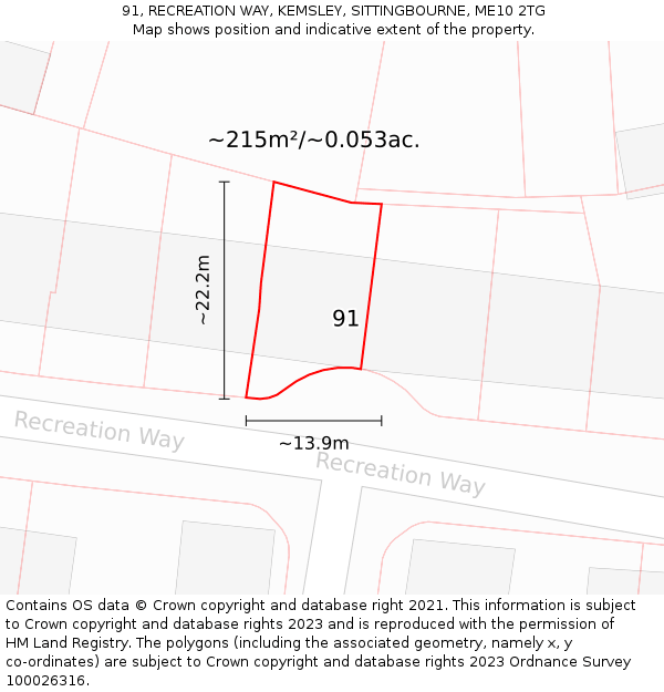 91, RECREATION WAY, KEMSLEY, SITTINGBOURNE, ME10 2TG: Plot and title map