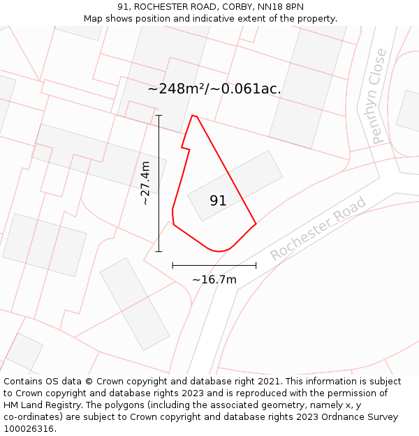 91, ROCHESTER ROAD, CORBY, NN18 8PN: Plot and title map