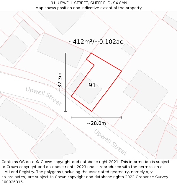 91, UPWELL STREET, SHEFFIELD, S4 8AN: Plot and title map
