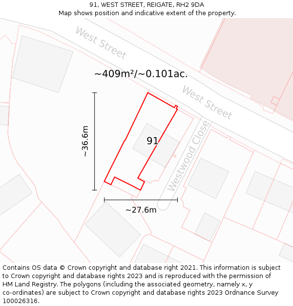 91, WEST STREET, REIGATE, RH2 9DA: Plot and title map