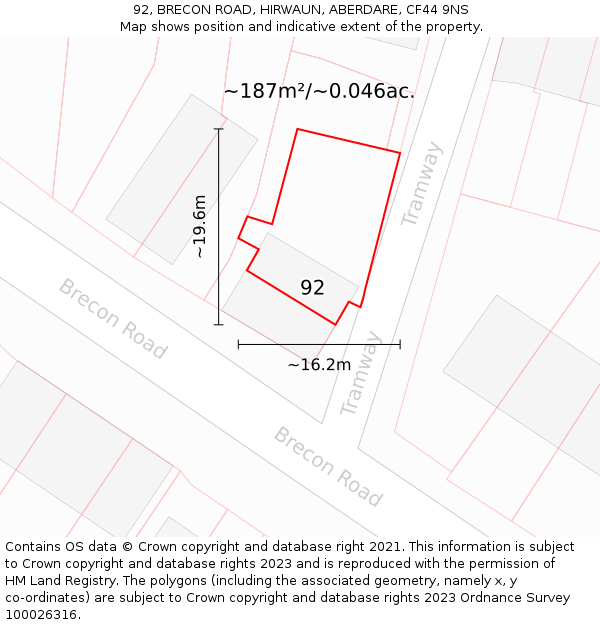 92, BRECON ROAD, HIRWAUN, ABERDARE, CF44 9NS: Plot and title map